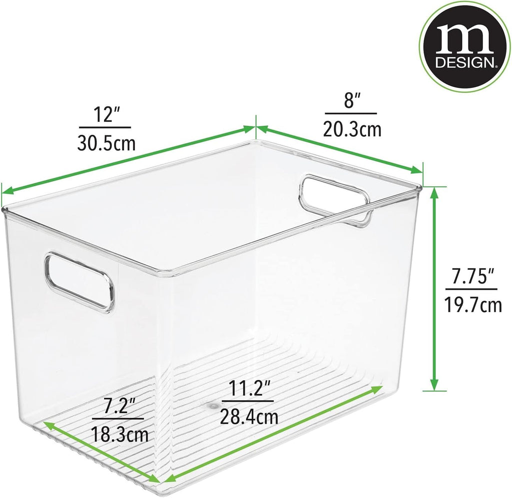 mDesign Deep Plastic Home Storage Organizer Bin with Built-in Handles for Cube Furniture Shelving in Office, Closet, Cabinet, Bedroom, Bathroom, Nursery, Dorm - 4 Pack - Clear