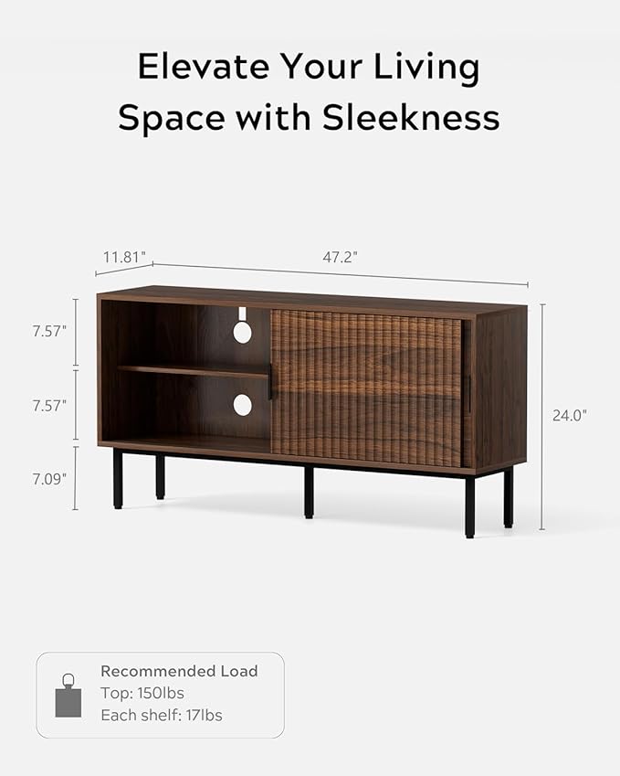 Fluted Tv Stand with Sliding Doors, 47" Mid Century Storage Cabinet with Adjustable Shelf, Wooden Media TV Console Entertainment Center for Living Room, Brown