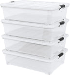 Saedy 50 L Plastic Under Bed Storage Bin with Wheels, 4 Pack Clear Latching Container Box, F