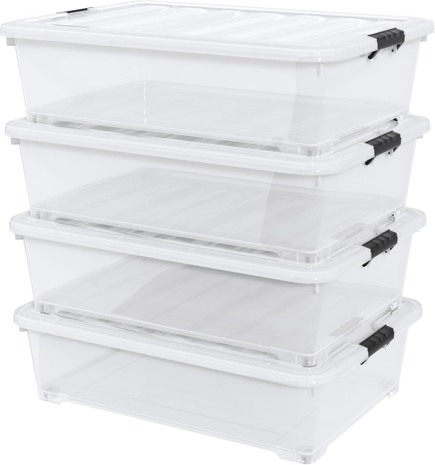 Saedy 50 L Plastic Under Bed Storage Bin with Wheels, 4 Pack Clear Latching Container Box, F