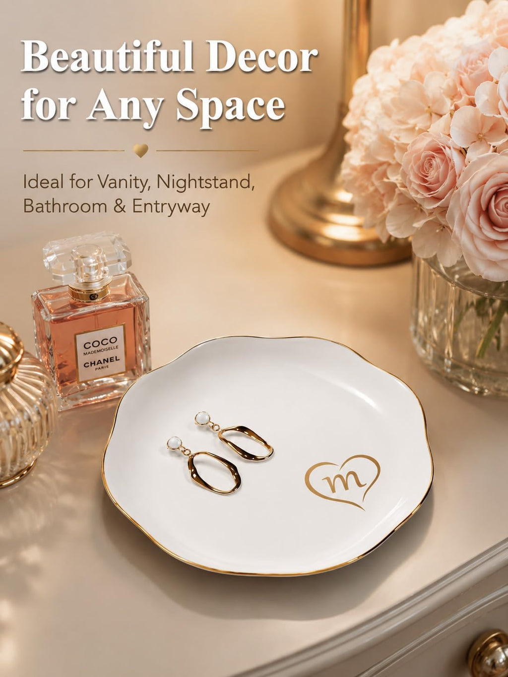 Initial Ceramic Jewelry Dish for Women, Monogram Ring Dish Trinket Tray with Gift Box, Personalized Jewelry Holder for Rings Earrings Necklaces, Birthday Mother’s Day Bridesmaid Gift (m)