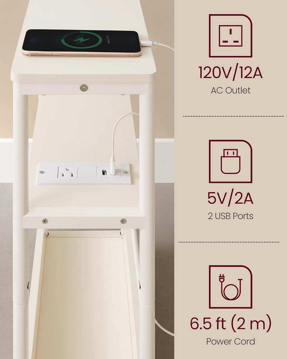 VASAGLE Side Tables with Charging Station, Set of 2 Narrow End Tables, 3-Tier...