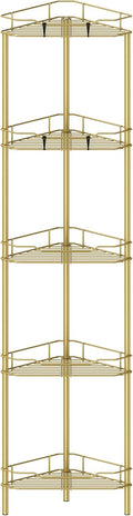 5 Tier Floor Standing Corner Shower Caddy Organizer Shelf with Hooks, Bathroom Shelves Stand Rack, Gold