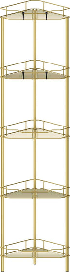 5 Tier Floor Standing Corner Shower Caddy Organizer Shelf with Hooks, Bathroom Shelves Stand Rack, Gold