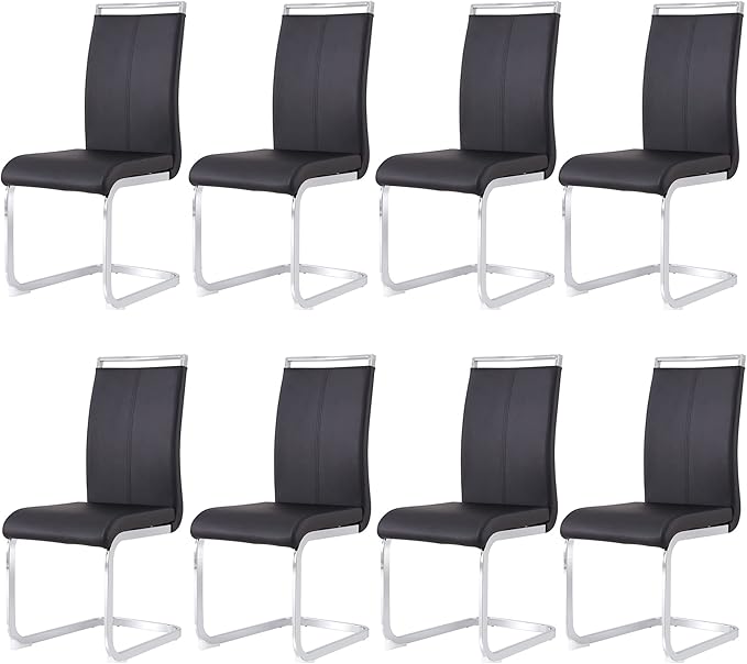 AZmac Modern Leather Dining Chairs Set of 8,Armless Kitchen Chairs,Dining Room Chairs with Upholstered Padded Seat and Sturdy Chrome Legs for Dining Room,Kitchen (Set of 8, Black+PU Leather)