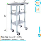 AmGood Stainless Steel Work Table with 2 Shelves and Casters | Metal Utility Table On Wheels (Stainless Steel Work Table with 2 Shelves + Casters, 24" Long x 18" Deep)