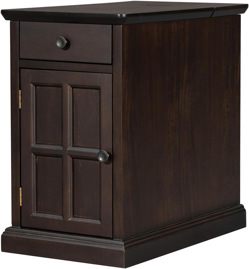 Traditional Narrow End Table with Charging Station, Antique Espresso Wood Sid...