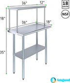Stainless Steel Work Table with Wide Single Tier Overshelf | Metal Kitchen Prep Table & Shelving Combo (18" x 36" Work Table + 12" Overshelf)