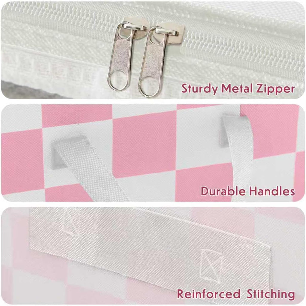 Pink Checkered Clothes Storage Bins, 100L Large Blanket Storage Bags 3 Pack, Closet Organizers and Storage Containers for Comforters, Bedding, Foldable Organizer with Handle