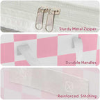 Pink Checkered Clothes Storage Bins, 100L Large Blanket Storage Bags 3 Pack, Closet Organizers and Storage Containers for Comforters, Bedding, Foldable Organizer with Handle