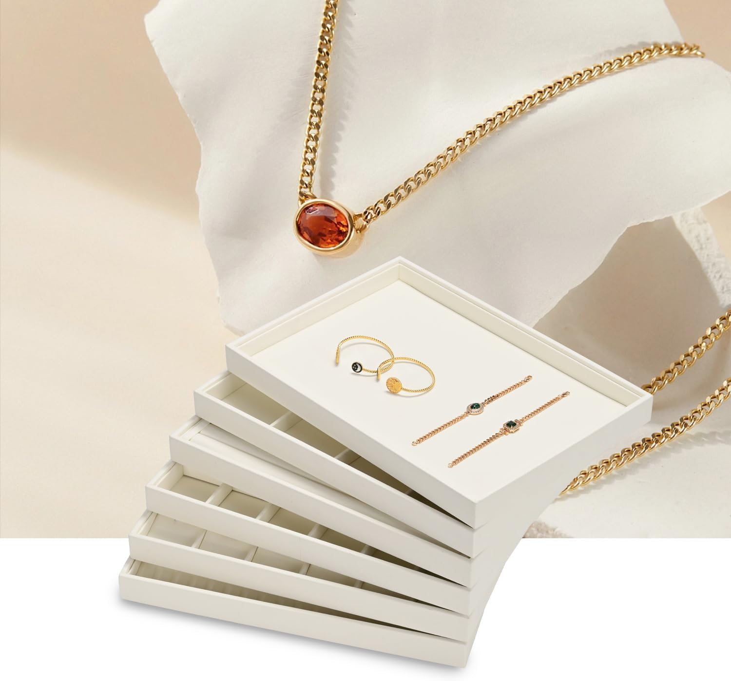 Jewelry Ring Display Tray Beige Microfiber Ring Earrings Display Organizer Tray