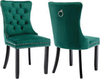 Green Velvet Dining Chairs Set of 2, Upholstered Dining Room Chairs with Back Ring Pull Trim and Solid Wood Legs, Tufted Wingback Kitchen Chairs for Dining Room,Living Room,Kitchen(Green)