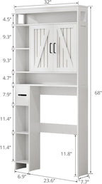 Over The Toilet Storage Cabinet with 6 Shelves, Farmhouse Bathroom Storage Cabinet with 2 Barn Door & Toilet Paper Holder Stand, Toilet Shelf with Adjustable Shelf for Bathroom Laundry