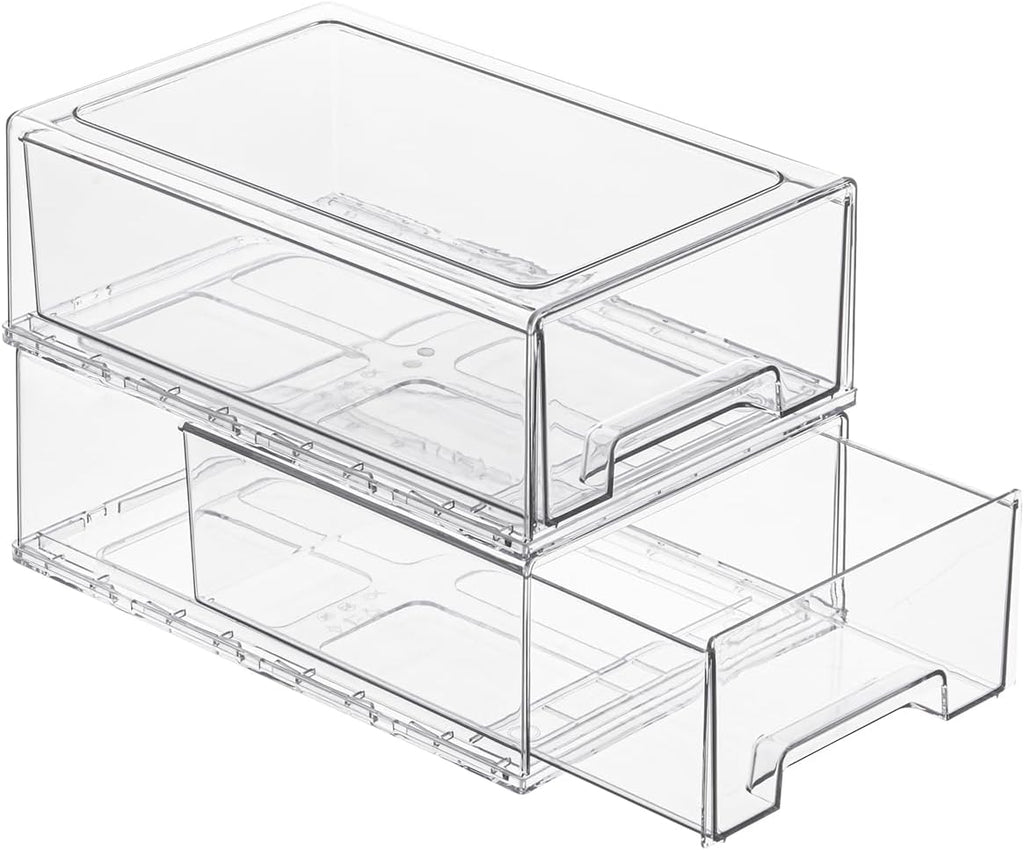 2 Pack Stackable Pull-Out Storage Drawers，Plastic Clear Organizer Bins with Handles，Easily Clean for Craft, and Toy Organization，Kitchen Undersink，Cabinet，Fridge，Closet，Pantry，Office，Bathroom