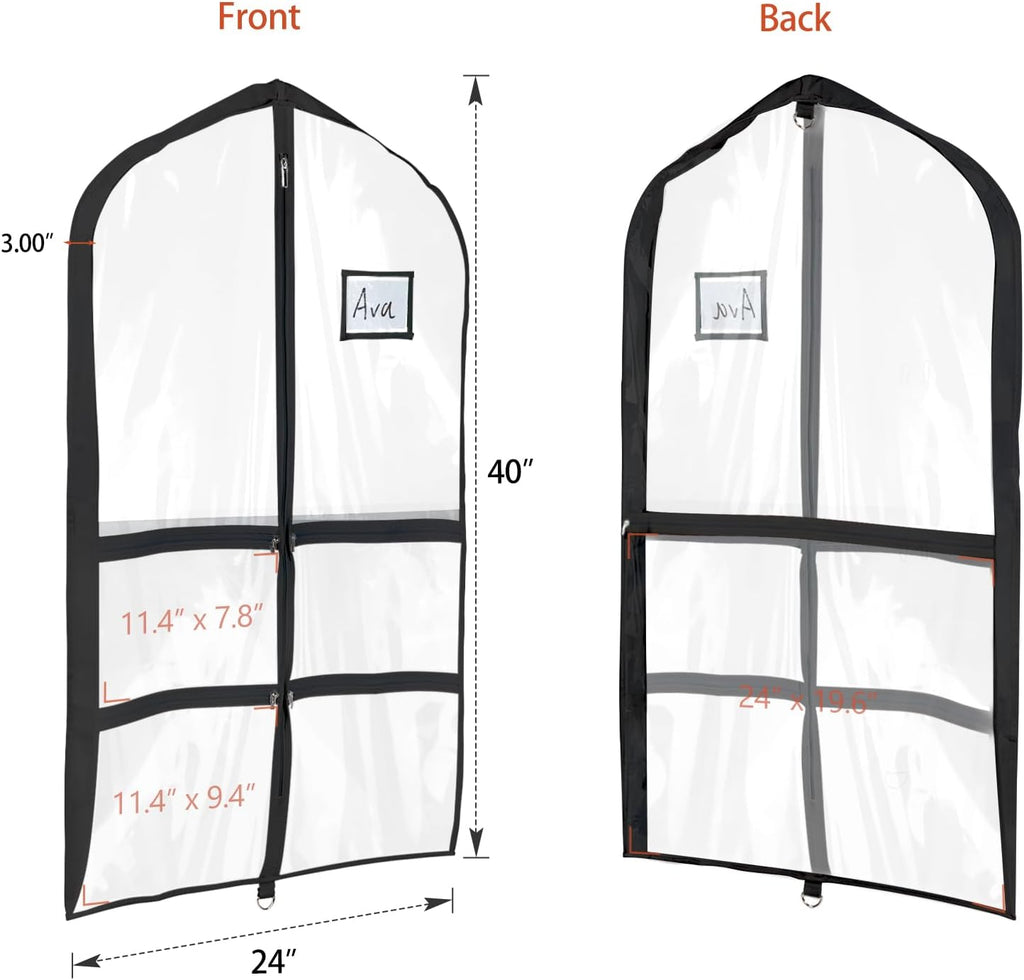 Univivi 40 Inch Dance Costume Garment Bags for Dancers, Black, 2 Pack | Breathable Fabric, Clear PVC Window, 4 Clear and 1 Back Zip Pocket, Foldable Costume Bag for Dance Costumes, Dresses, Suits