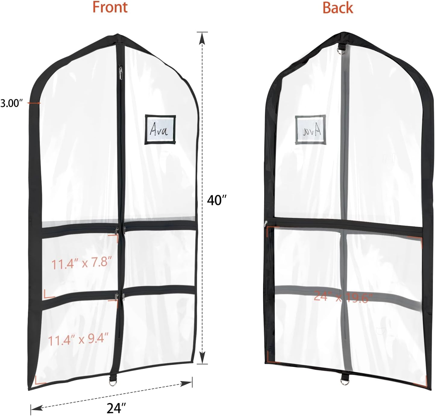 Univivi 40 Inch Dance Costume Garment Bags for Dancers, Black, 2 Pack | Breathable Fabric, Clear PVC Window, 4 Clear and 1 Back Zip Pocket, Foldable Costume Bag for Dance Costumes, Dresses, Suits