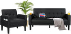 AILEEKISS 2 Piece Living Room Sofa Set Loveseat Sofas Sets with 2 USB, Cup Holders, Side Pocket, Modern Leather 2 Pcs Sectional Couch Chairs Set for Apartment, Office, Bedroom (Black, 2-Seat+1-Seat)