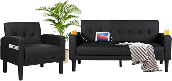 AILEEKISS 2 Piece Living Room Sofa Set Loveseat Sofas Sets with 2 USB, Cup Holders, Side Pocket, Modern Leather 2 Pcs Sectional Couch Chairs Set for Apartment, Office, Bedroom (Black, 2-Seat+1-Seat)