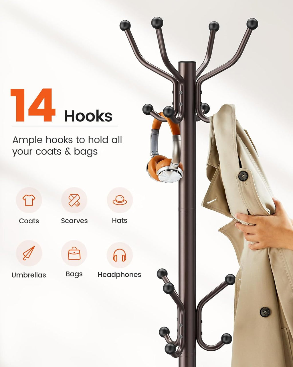 Pipishell Coat Rack with 14 Hooks, Freestanding Coat Rack Stand for Entryway, Hallway, Bedroom, and Office, Metal Coat Tree & Hat Rack for Coats, Hats, and Bags, Brown