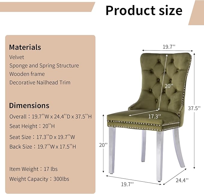 Luxury Upholstered Dining Chairs Set of 8, Olive Green Kitchen Chair with Silver Metal Legs, Velvet Tufted Back Dining Chair, Sillas de Comedor, Modern Kitchen & Dining Room Chairs (Olive, 8 Pcs)