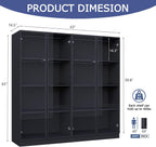 Glass Display Cabinet with LED Lights Set of 2, Display Case Bookcase with 4-Tier Shelves, Curio Cabinet with 2 Glass Doors, Storage Cabinet for Collectibles, Living Room