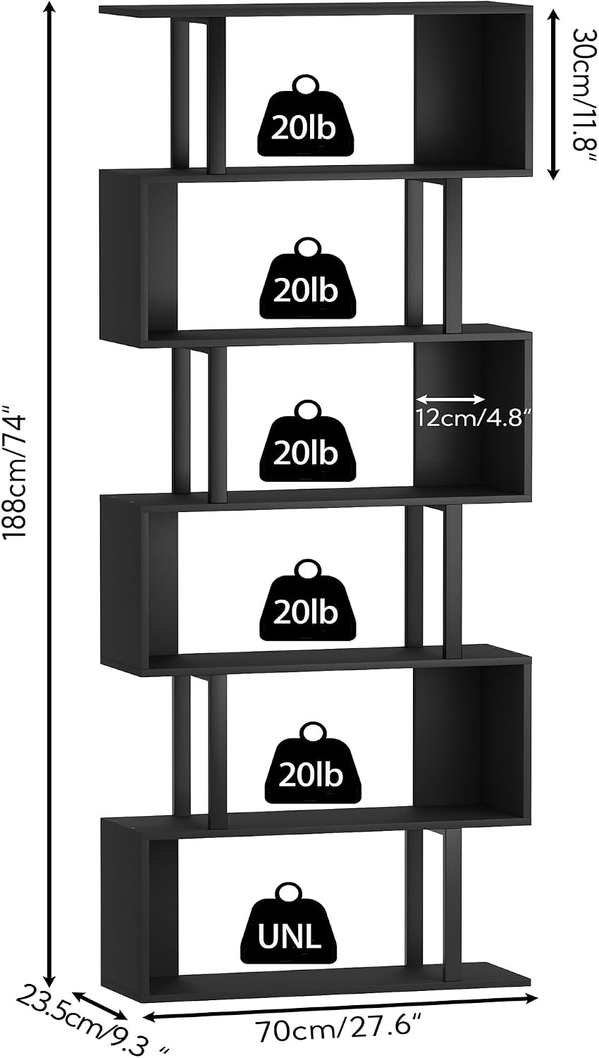 Yusong Geometric Bookcase, S Shaped Bookshelf 6-Tier Book Shelves for Bedroom...