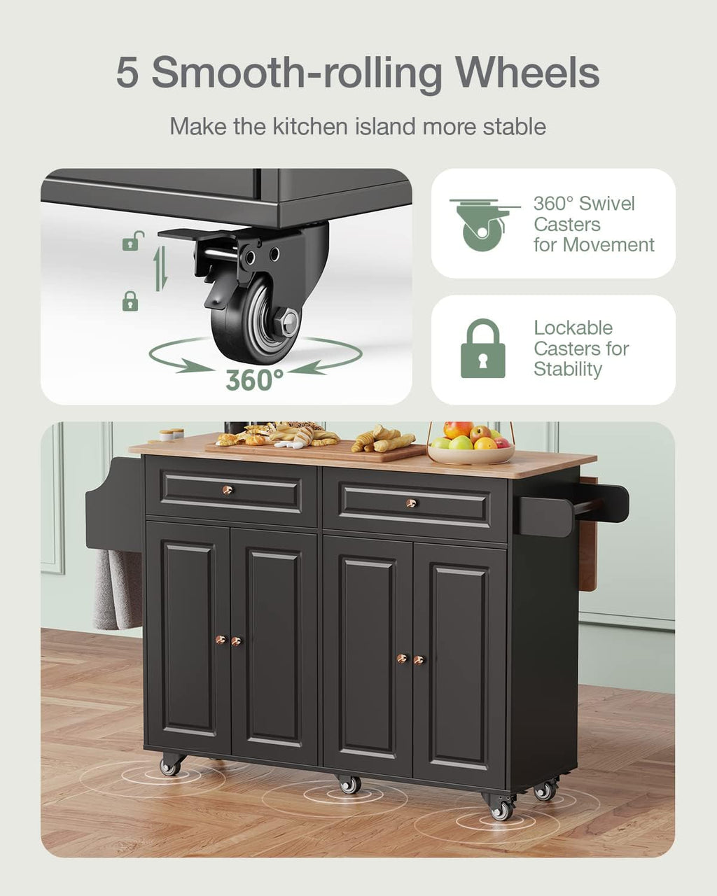Kitchen Island with Storage, Kitchen Cart on 5 Universal Wheels, Mobile Kitchen Island with Rubber Wood Top and Side Rack (Black)