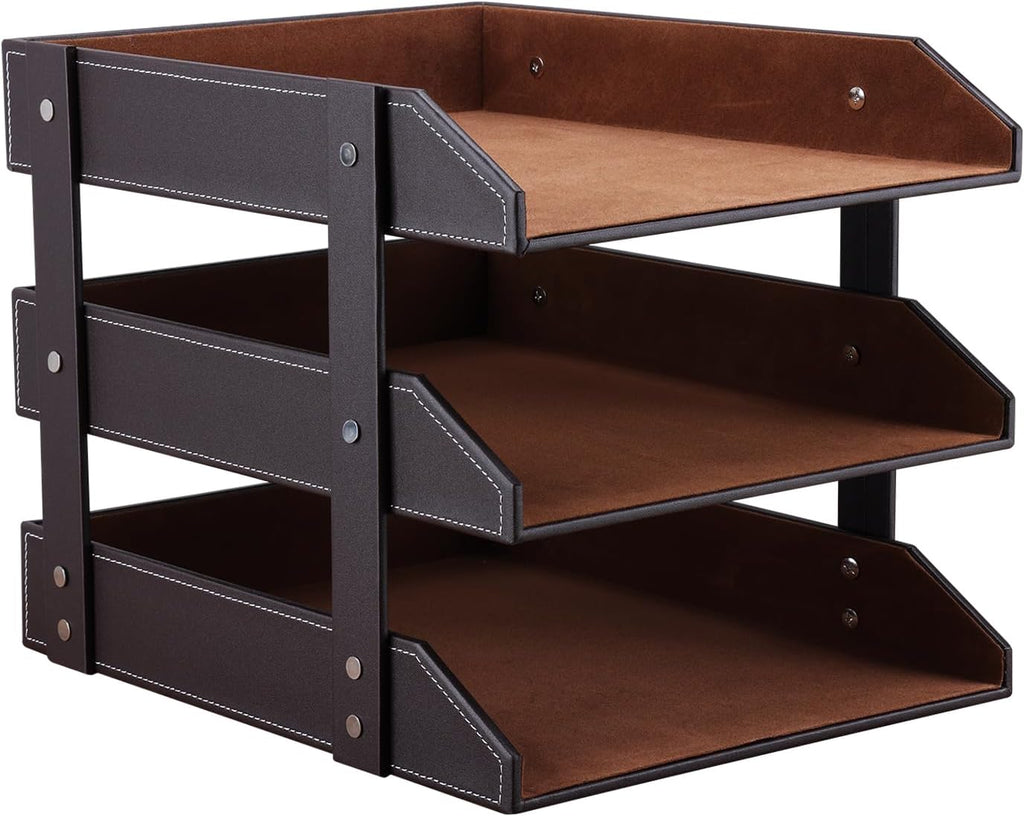 KINGFOM Letter Tray, Leather Paper Organizer Tray, Wooden Desk File Holder, Desktop File, Stackable Magazine Holder, Mail Sorter, Great for Home or Office - 3 Level Brown