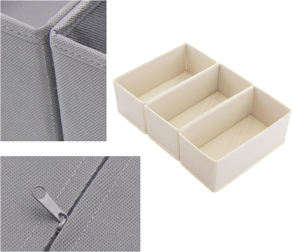 Dresser Drawer Organizer 3-Pack Beige - Foldable Small Storage Bins for Socks, Underwear & Bras, 11" Fabric Dividers for Closet