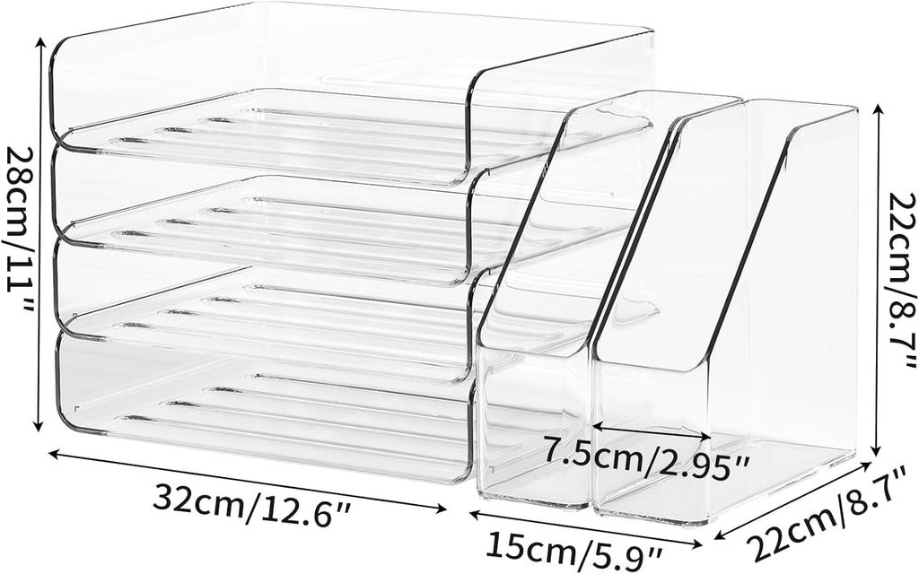 4-Tier Clear Acrylic Paper Tray Organizer for Desk with 2 Matching Bookends – Stackable Letter Tray Set, Stackable Paper Trays, Acrylic Desk Accessories/File Organizer, Office Organizer