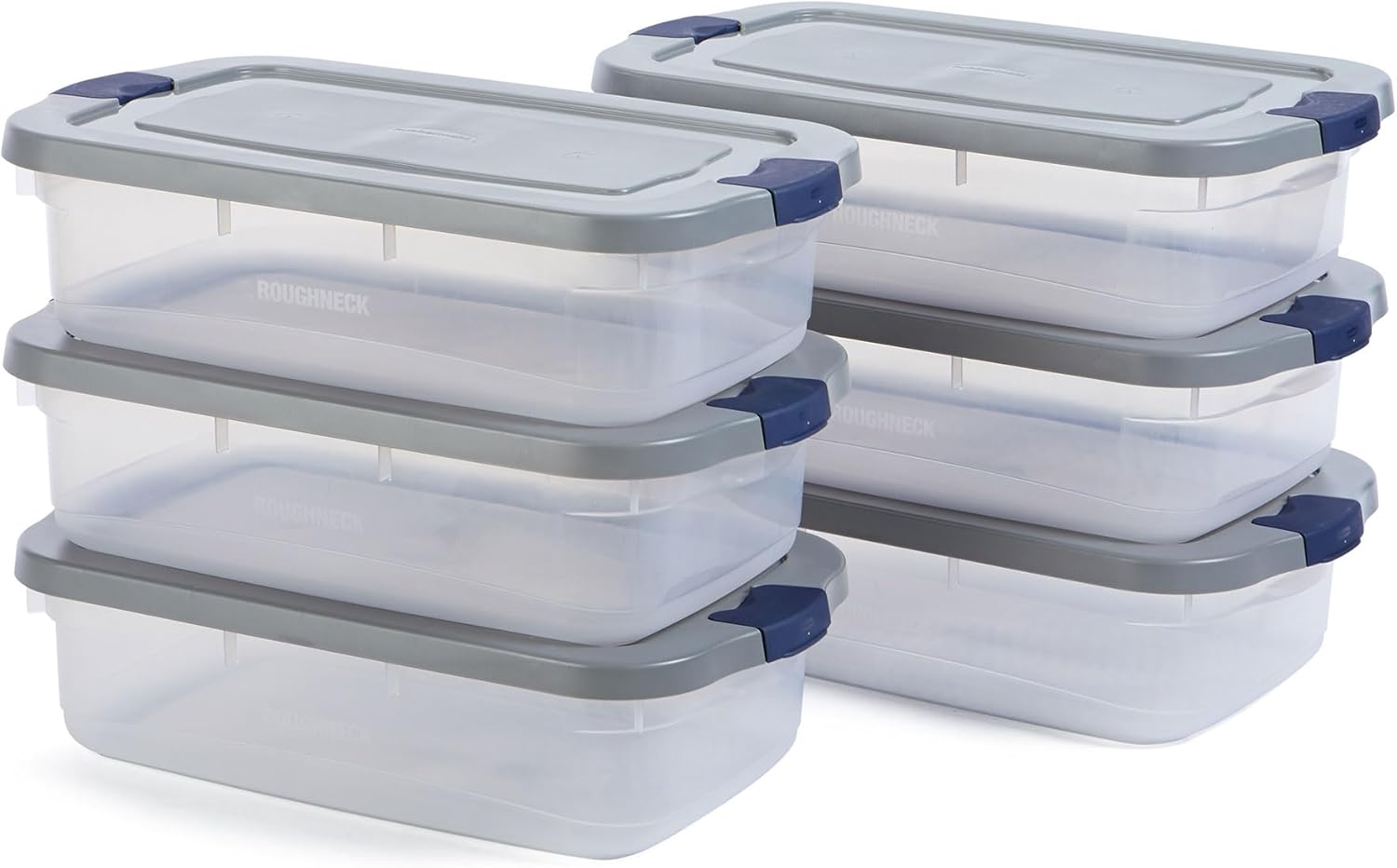 Rubbermaid Roughneck Clear 31 Qt/ 7.75 Gal Storage Containers, Pack of 6 with Snap-Fit Grey Lids, Visible Base, Sturdy and Stackable, Great for Storage and Organization