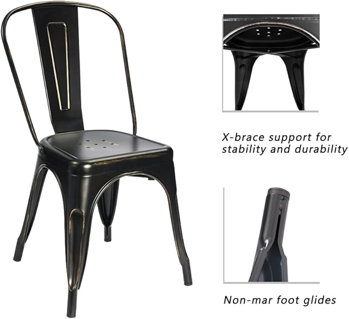 Devoko Metal Indoor-Outdoor Chairs Distressed Style Kitchen Dining Chairs Stackable Side Chairs with Back Set of 4 (Black Gold)