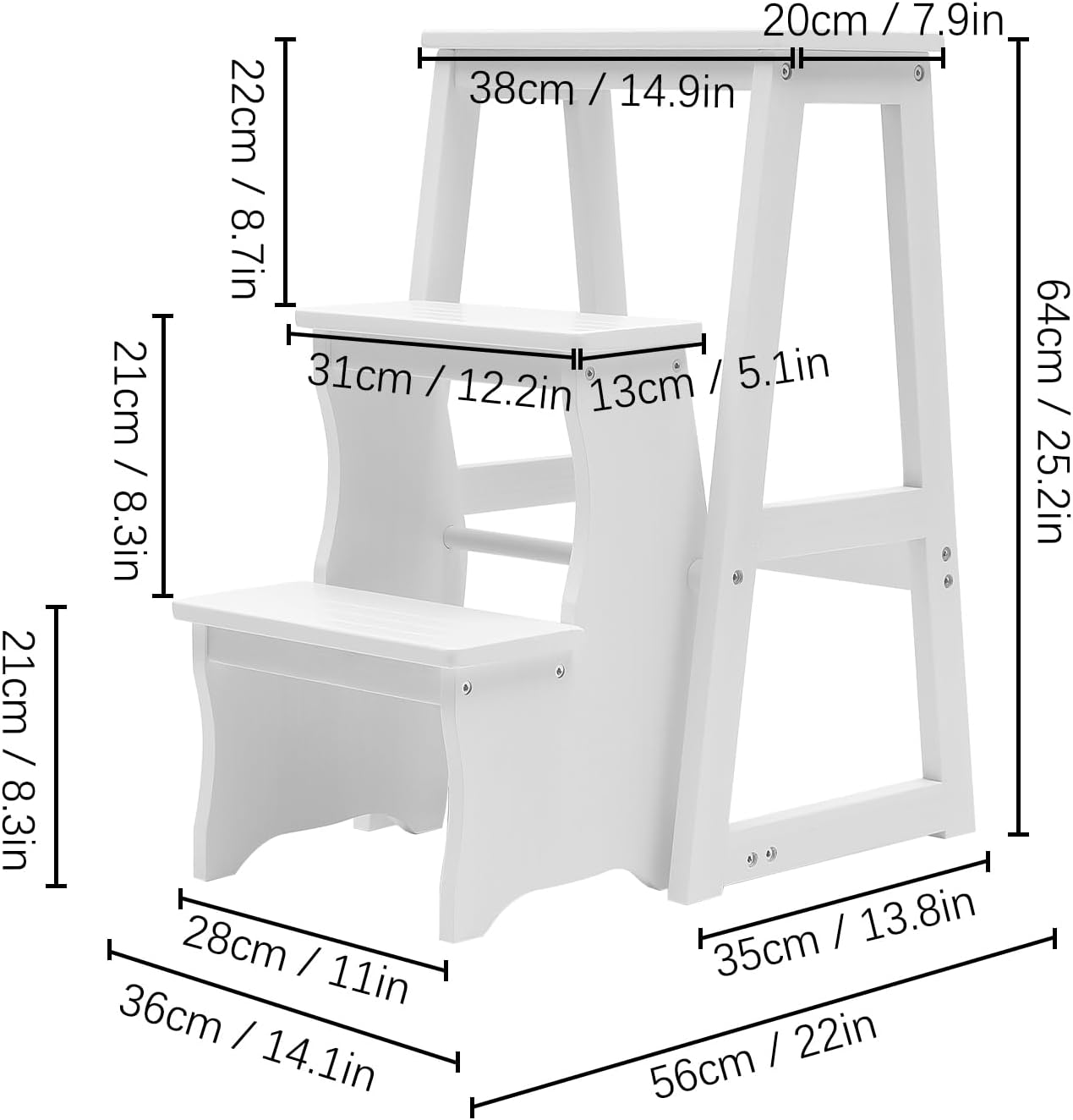 LYNICESHOP Folding Library Ladder Chair, 3-Step Wooden Folding Chair Lightweight Portable Multifunctional Step Stool, Stool Stepladders Display Stand and Flower Stand (White)