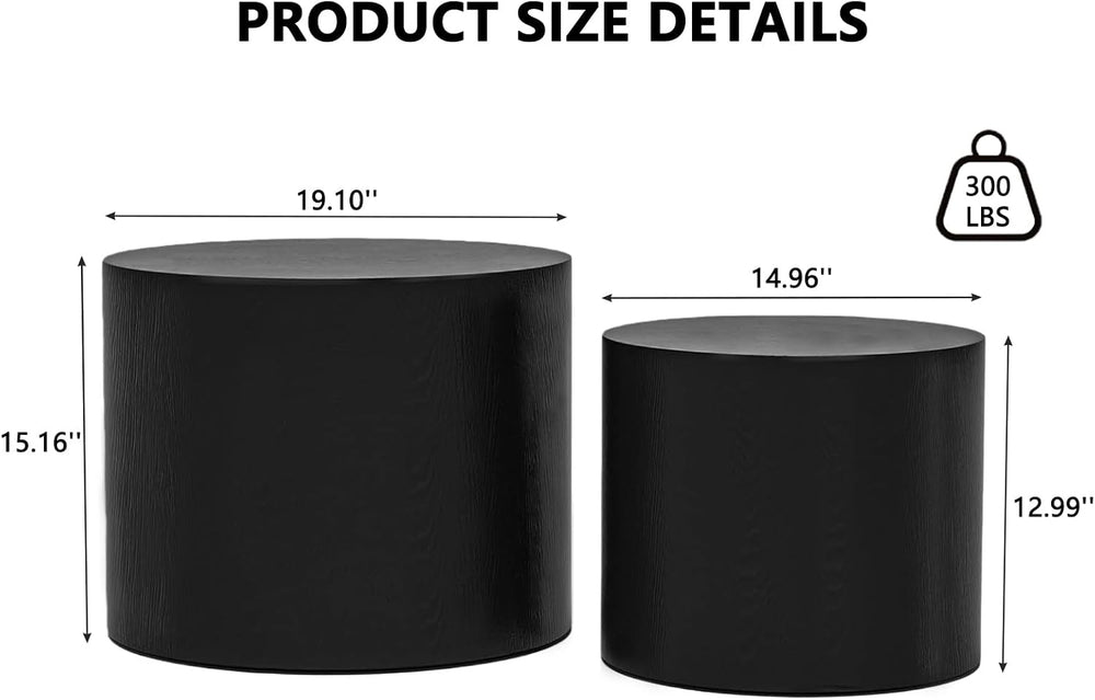 Nesting Coffee Table Set of 2, Modern Round Wood Side Table, Black | Nesting ...