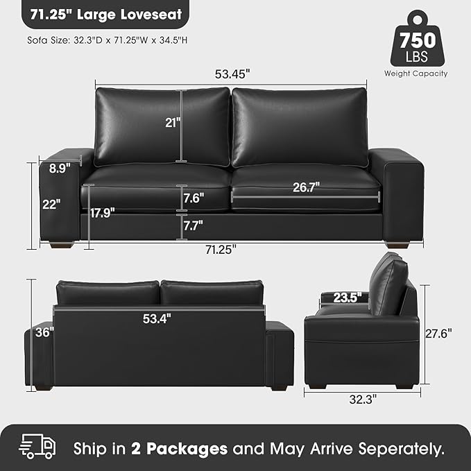 Faux Leather Couch, Mid Century Modern Comfy Loveseat Sofa with Wide Arm, Side Pockets, Solid Wooden Frame for Office, Living Room and Bedroom, 2 Seater (Black, 71.25 Inches)