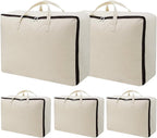 AMJ 5 Pack Oversized Storage Bag for Moving, Packing Supplies, Organizer Tote, Natural Cotton Canvas Zippered Sweater Bag, Reusable and Sustainable (Beige, 5 Pack)