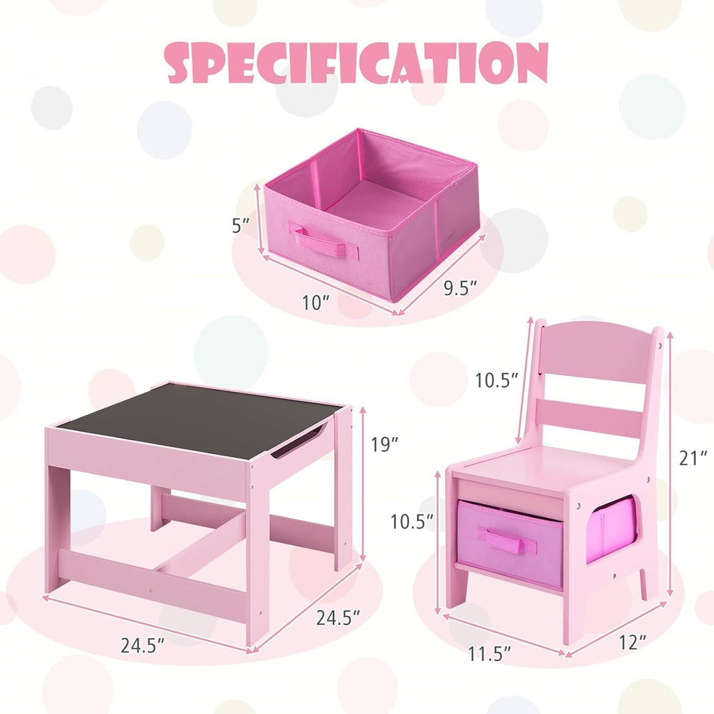 Kids Table and Chairs, 3 in 1 Wooden Kids Table with Storage Drawer, Removable Blackboard, Reversible Tabletop, Toddler Table and Chair Set for Drawing, Reading (Pink)