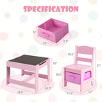Kids Table and Chairs, 3 in 1 Wooden Kids Table with Storage Drawer, Removable Blackboard, Reversible Tabletop, Toddler Table and Chair Set for Drawing, Reading (Pink)