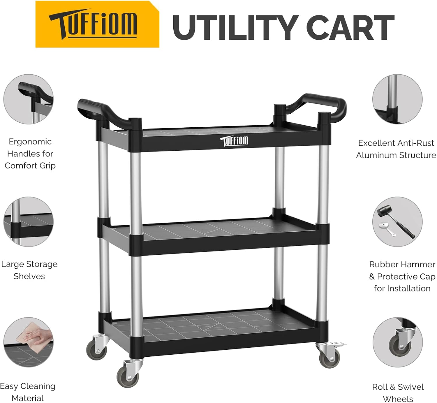 TUFFIOM 3-Tier Plastic Service Utility Cart with Wheels, Heavy Duty 390lbs Capacity, Commercial Rolling Ideal for Restaurant, Foodservice, Office, Warehouse, Black 34.8''L x 17.4''W x 38.6''H
