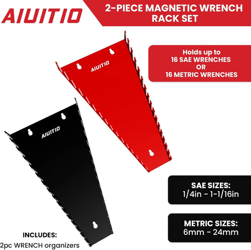 2 Pack Magnetic Wrench Organizer, 32-Slot Magnetic Wrench Organizer Tray for Tool Box & Wall Mounted,Wrench Holder Fit SAE (1/4" - 1-1/16") & Metric (6 mm-24 mm) Wrench Storage