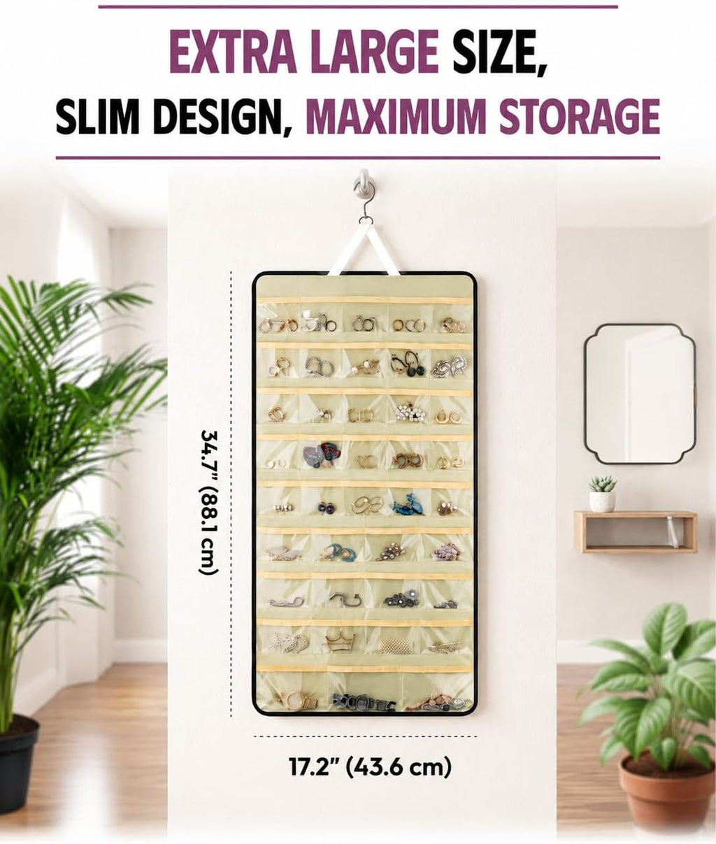 Hanging Jewelry Organizer 34.7 x 17.2 inches XL Size with Clear Pockets & Hooks – Double-Sided Necklace, Earrings & Rings Storage Holder – Space-Saving Closet Organizer for Women