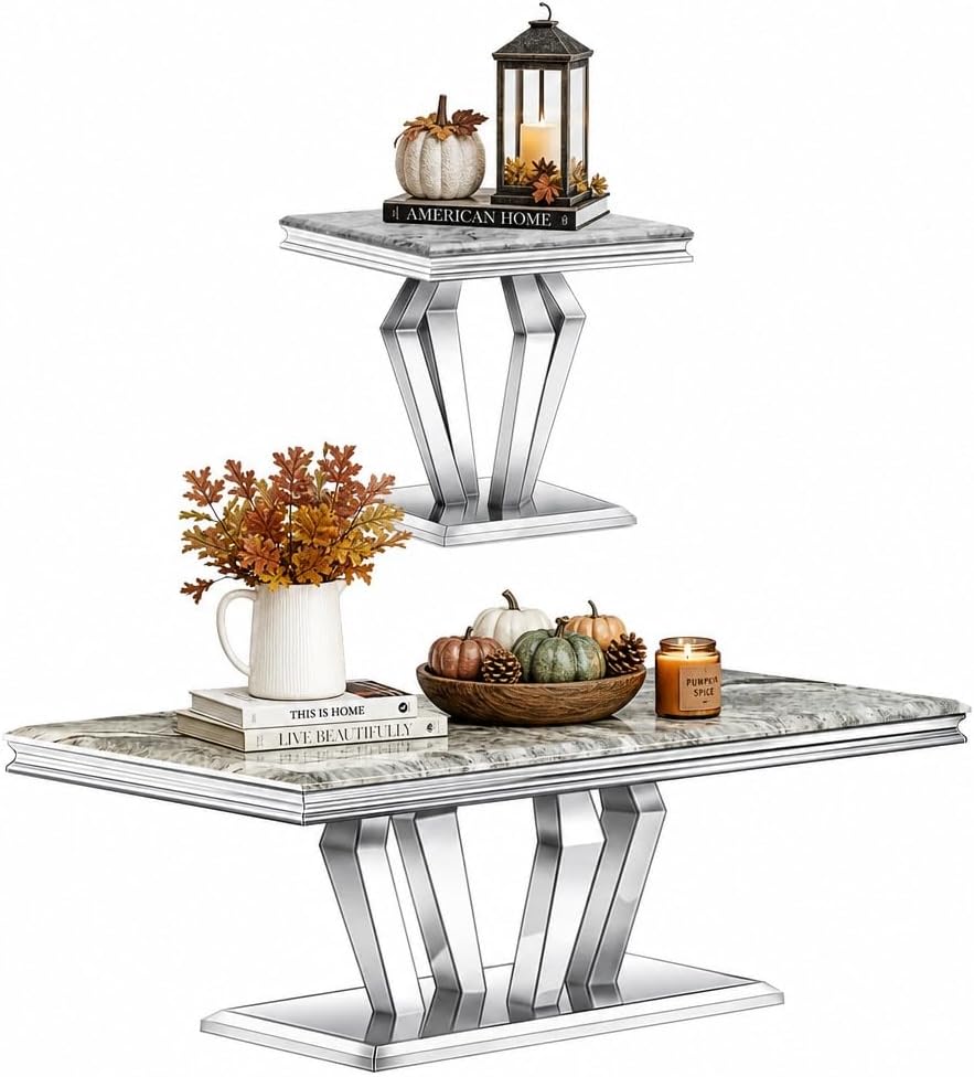 2 Piece Silver Living Room Table Set, Luxury Coffee Table Set | Gray Top, Sil...