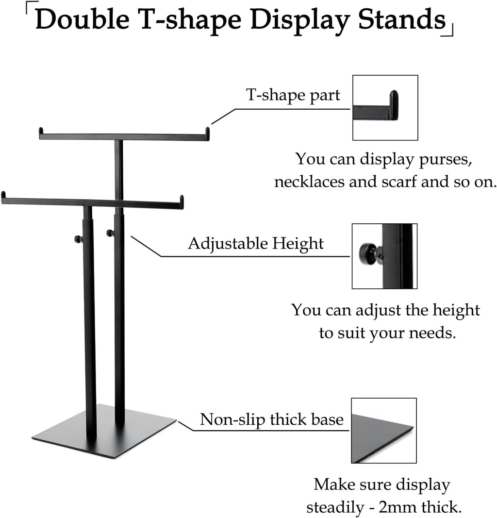 Purse Display Stand Jewelry Towers, Black Double T-Shaped Tabletop Stainless Steel Hook Hanging Adjustable Height Handbag Holder for Organizer Luxury Bags Necklaces Home Store Boutique Retail Closet