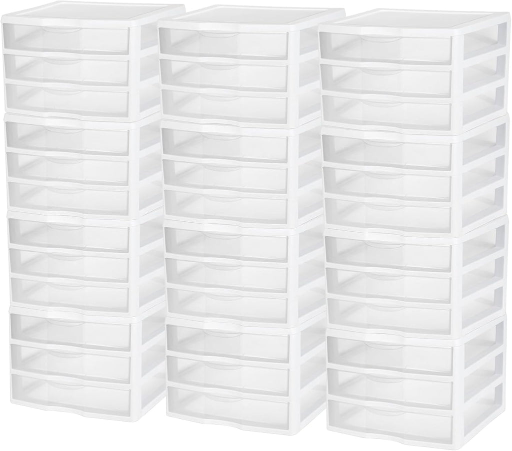 Sterilite 12-Pack Wide 3 Drawer Unit, Plastic Desktop Organizer with Clear Drawers, White Frame - Stackable Multi-Purpose Storage for Office Supplies, Craft Rooms, Classrooms and Home Organization