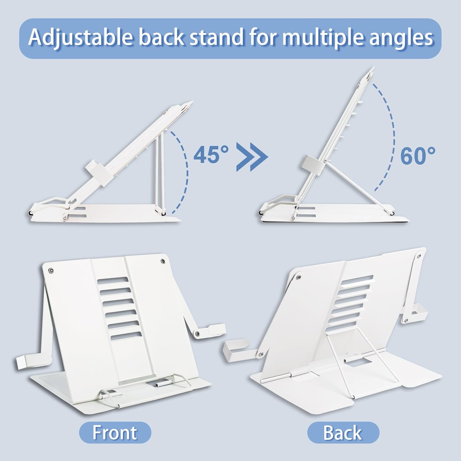 Metal Desk Book Stand for Reading with Adjustable Clips, Hands-Free Foldable Book Holder for Kids, Portable Document Stand for Desk, Display Stand for Recipes, Cookbooks, Tablets - White