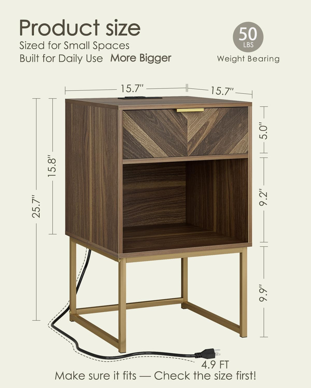 Nightstand with Charging Station,Modern Night Stand Boho Farmhouse Wood Bedsi...