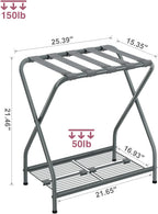 Set of 2 Foldable Gray Luggage Rack Stands with Storage Shelves – Heavy Duty Metal Suitcase Holders, 150 lbs Top, 50 lbs Bottom Each, Fits 20”-28” Luggage – Guest Room, Bedroom, Hotel LR-GY-2