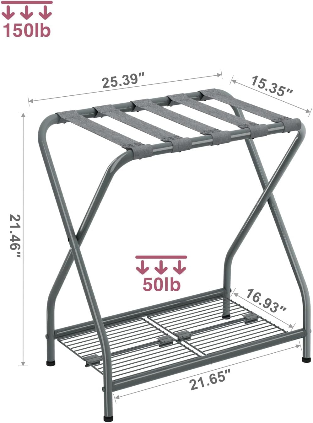 Set of 2 Foldable Gray Luggage Rack Stands with Storage Shelves – Heavy Duty Metal Suitcase Holders, 150 lbs Top, 50 lbs Bottom Each, Fits 20”-28” Luggage – Guest Room, Bedroom, Hotel LR-GY-2