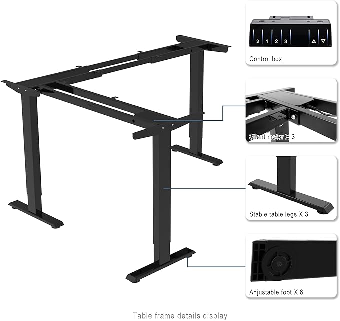 Fromann Adjustable 3 Legs Standing Desk Frame Base Electric Corner Sit-Stand Desk for Home and Office (Black)