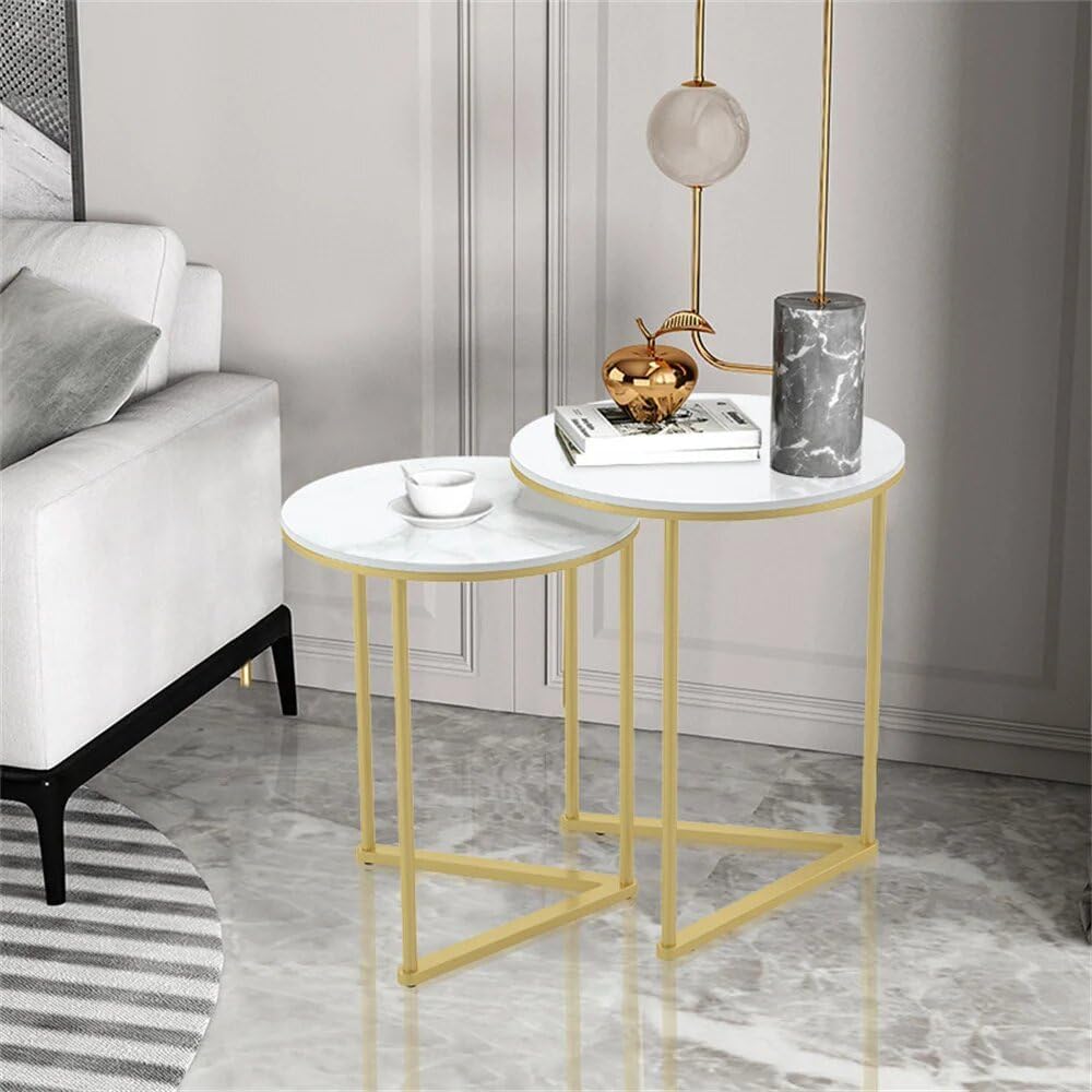 Set of 2 Modern Round Marble Metal Base Nesting Set Side Accent Table Living ...